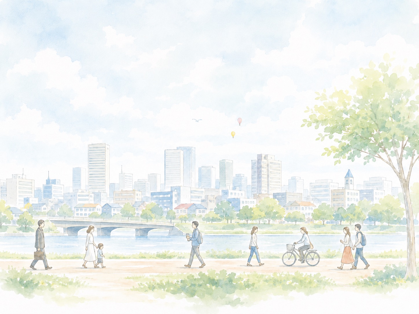 やわらかな水彩で描いた街並みと人々のイメージイラスト